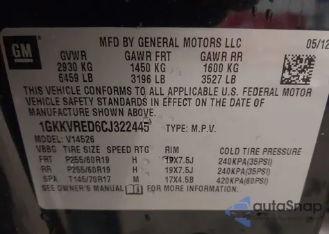 2012 GMC Acadia Slt-1 from USA, damaged, VIN 1GKKVRED6CJ322445